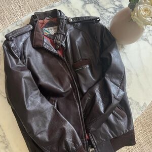 Members Only Brown Bomber Jacket with Leather Material and Wide Collar